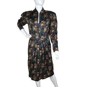 Vtg 80s Liz Claiborne Size 10 Floral Button Up Puff Sleeve Cottage Midi Dress